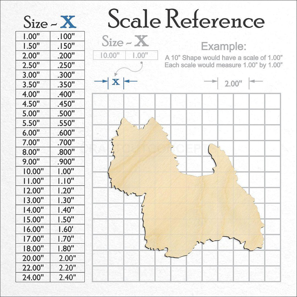 A scale and graph image showing a wood Westie West Highland Terrier craft blank