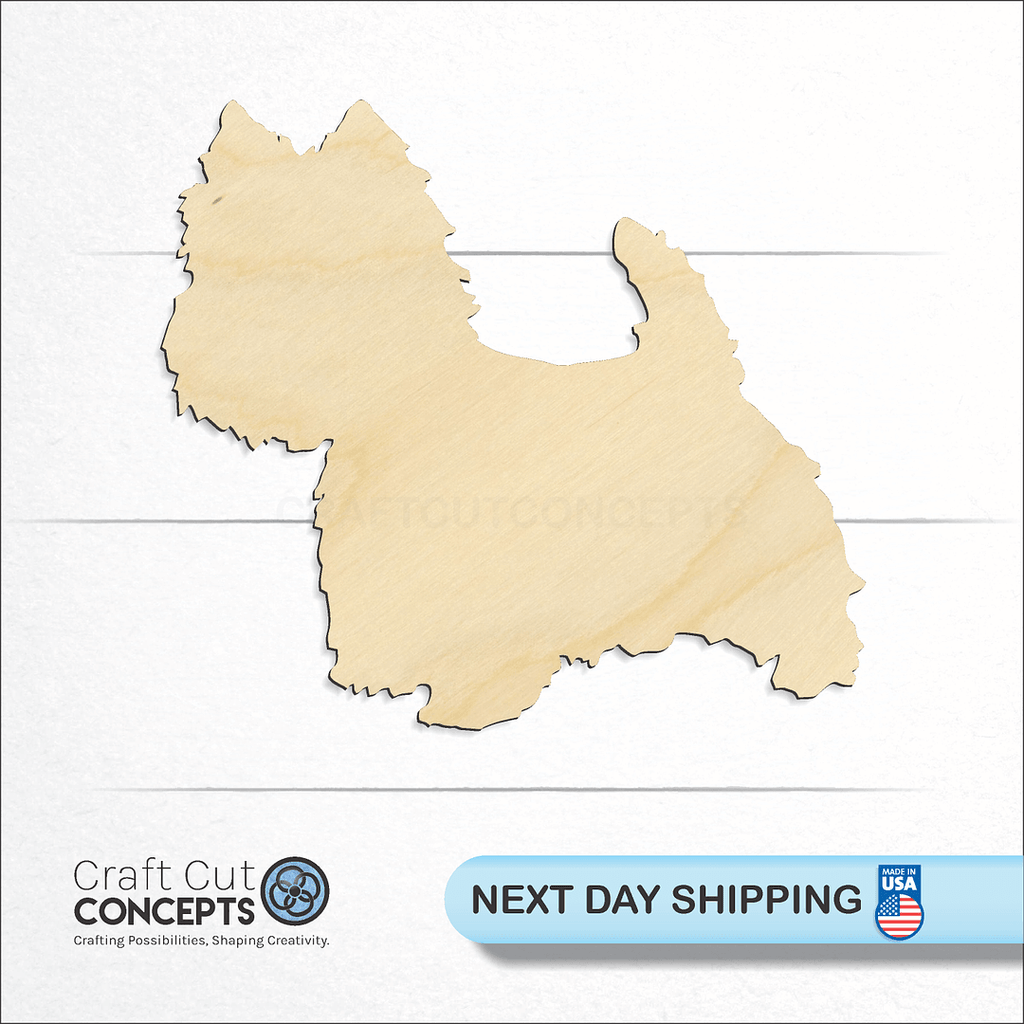 Craft Cut Concepts logo and next day shipping banner with an unfinished wood Westie West Highland Terrier craft shape and blank