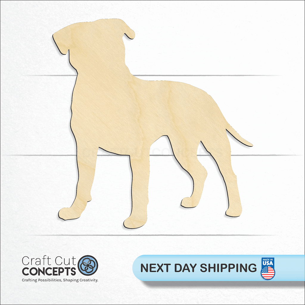 Craft Cut Concepts logo and next day shipping banner with an unfinished wood Pitbull craft shape and blank