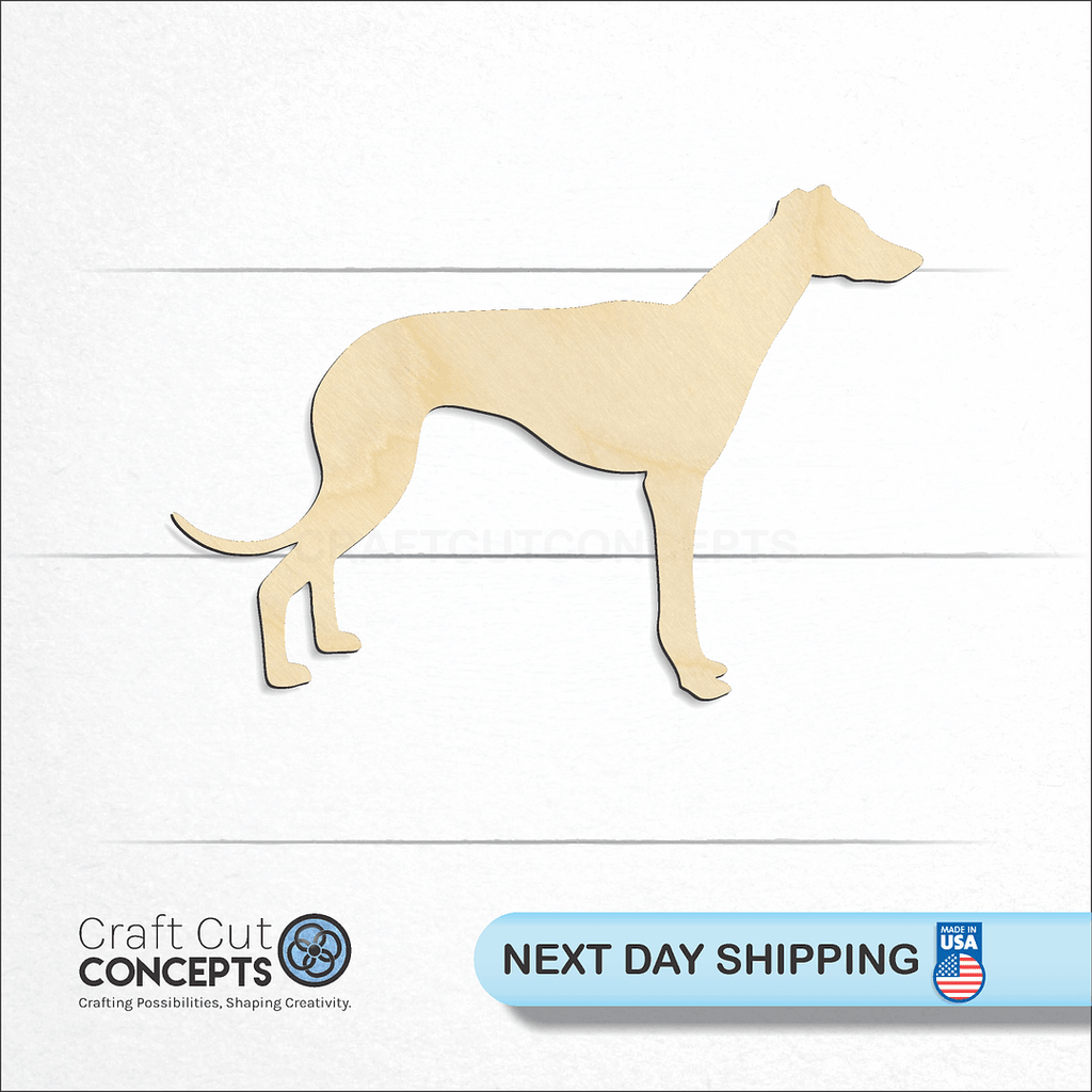 Craft Cut Concepts logo and next day shipping banner with an unfinished wood Greyhound craft shape and blank