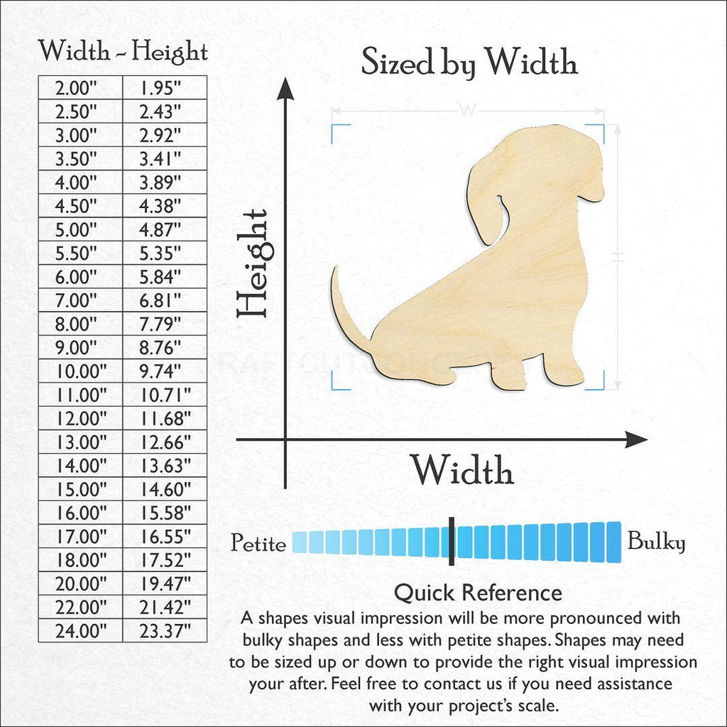 Sizes available for a laser cut Dachshund craft blank