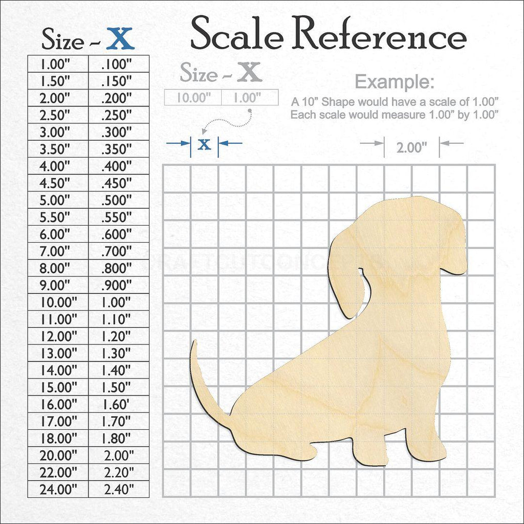 A scale and graph image showing a wood Dachshund craft blank