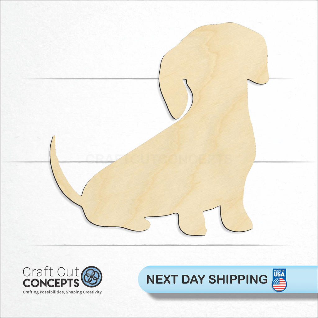 Craft Cut Concepts logo and next day shipping banner with an unfinished wood Dachshund craft shape and blank