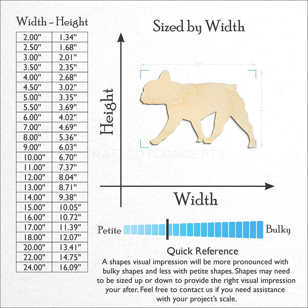 Sizes available for a laser cut French Bulldog craft blank