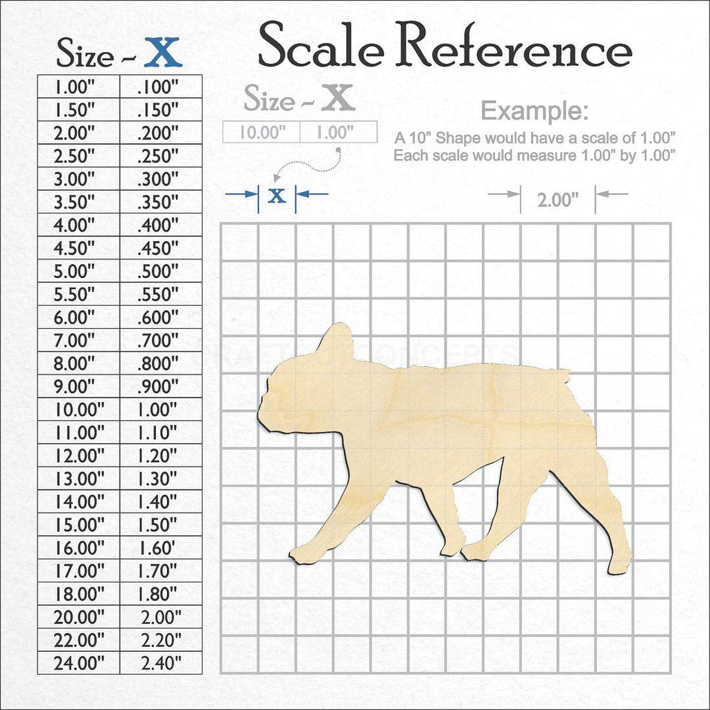 A scale and graph image showing a wood French Bulldog craft blank