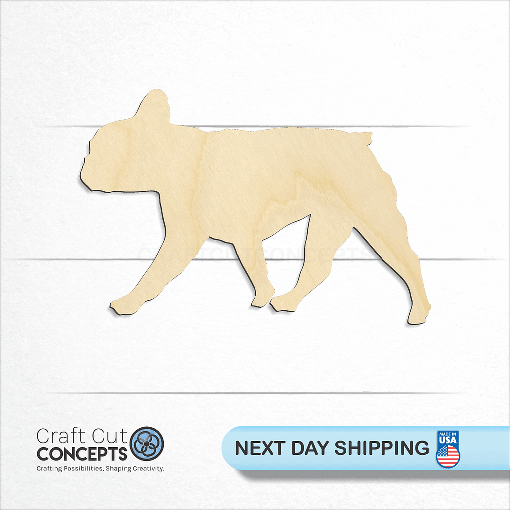 Craft Cut Concepts logo and next day shipping banner with an unfinished wood French Bulldog craft shape and blank