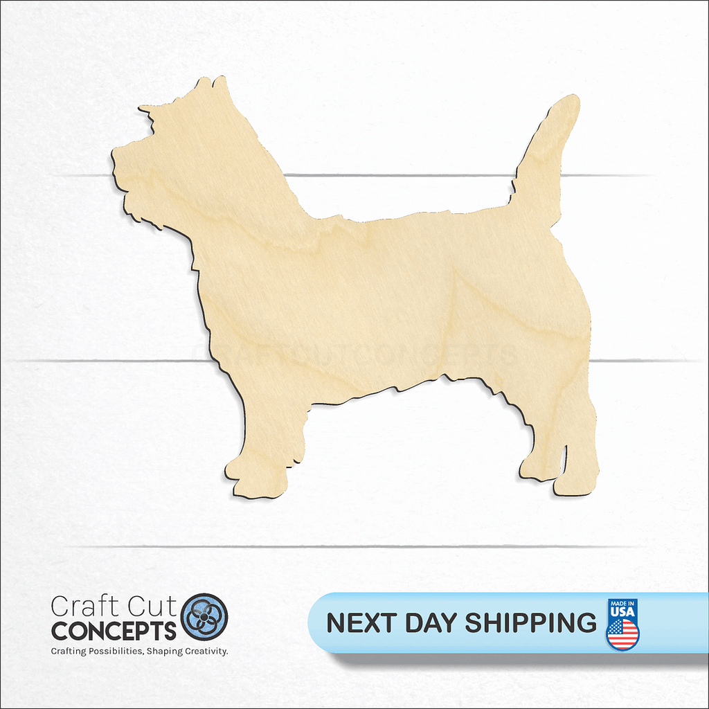 Craft Cut Concepts logo and next day shipping banner with an unfinished wood Caring Terrier craft shape and blank