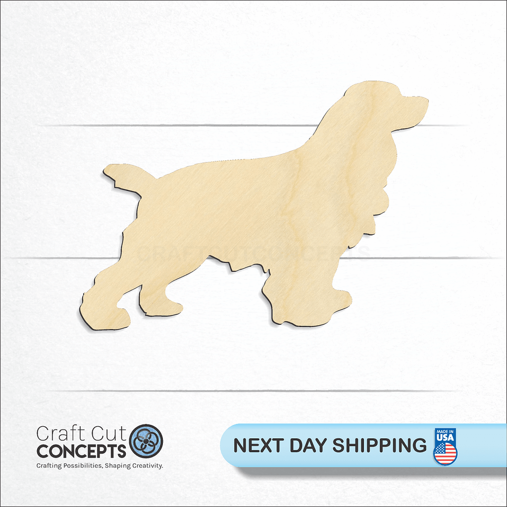 Craft Cut Concepts logo and next day shipping banner with an unfinished wood Cocker Spaniel craft shape and blank