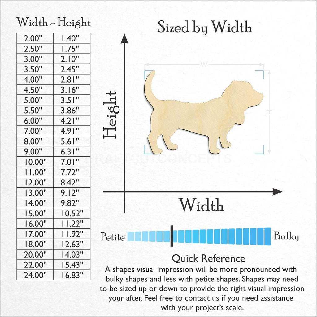 Sizes available for a laser cut Basset Hound craft blank