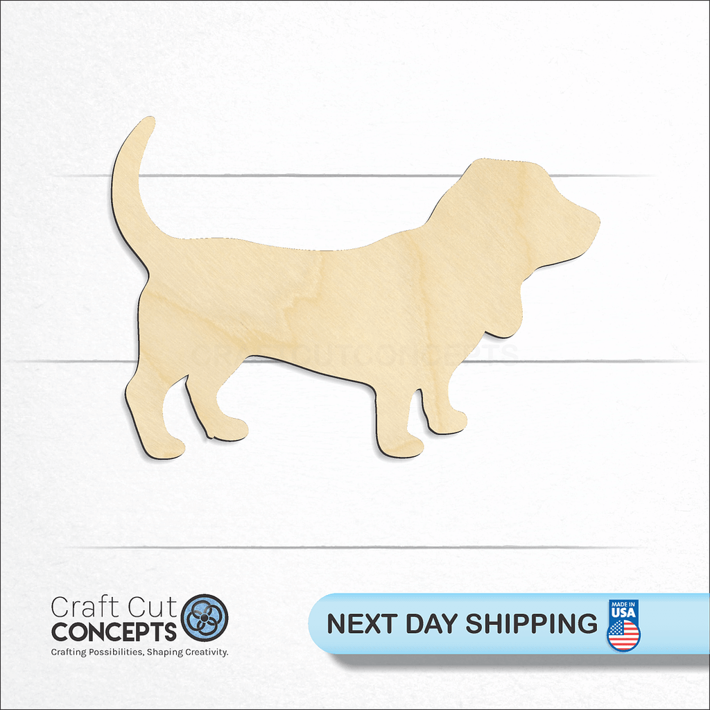 Craft Cut Concepts logo and next day shipping banner with an unfinished wood Basset Hound craft shape and blank