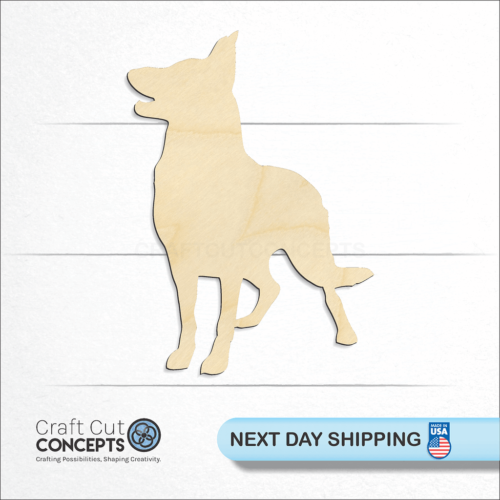 Craft Cut Concepts logo and next day shipping banner with an unfinished wood German Shepard craft shape and blank