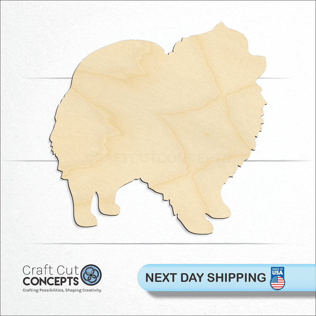 Craft Cut Concepts logo and next day shipping banner with an unfinished wood Pomeranian craft shape and blank