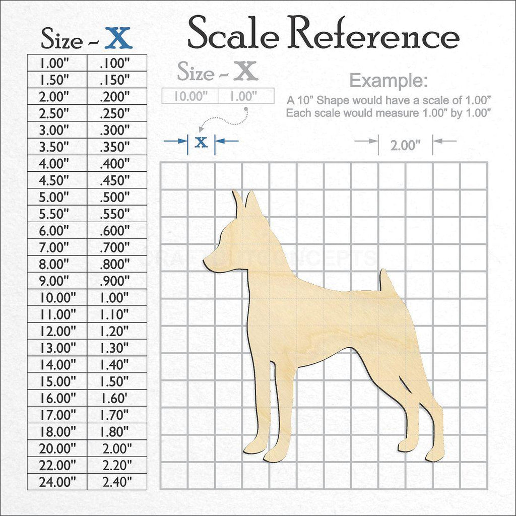 A scale and graph image showing a wood Miniature Pinscher craft blank