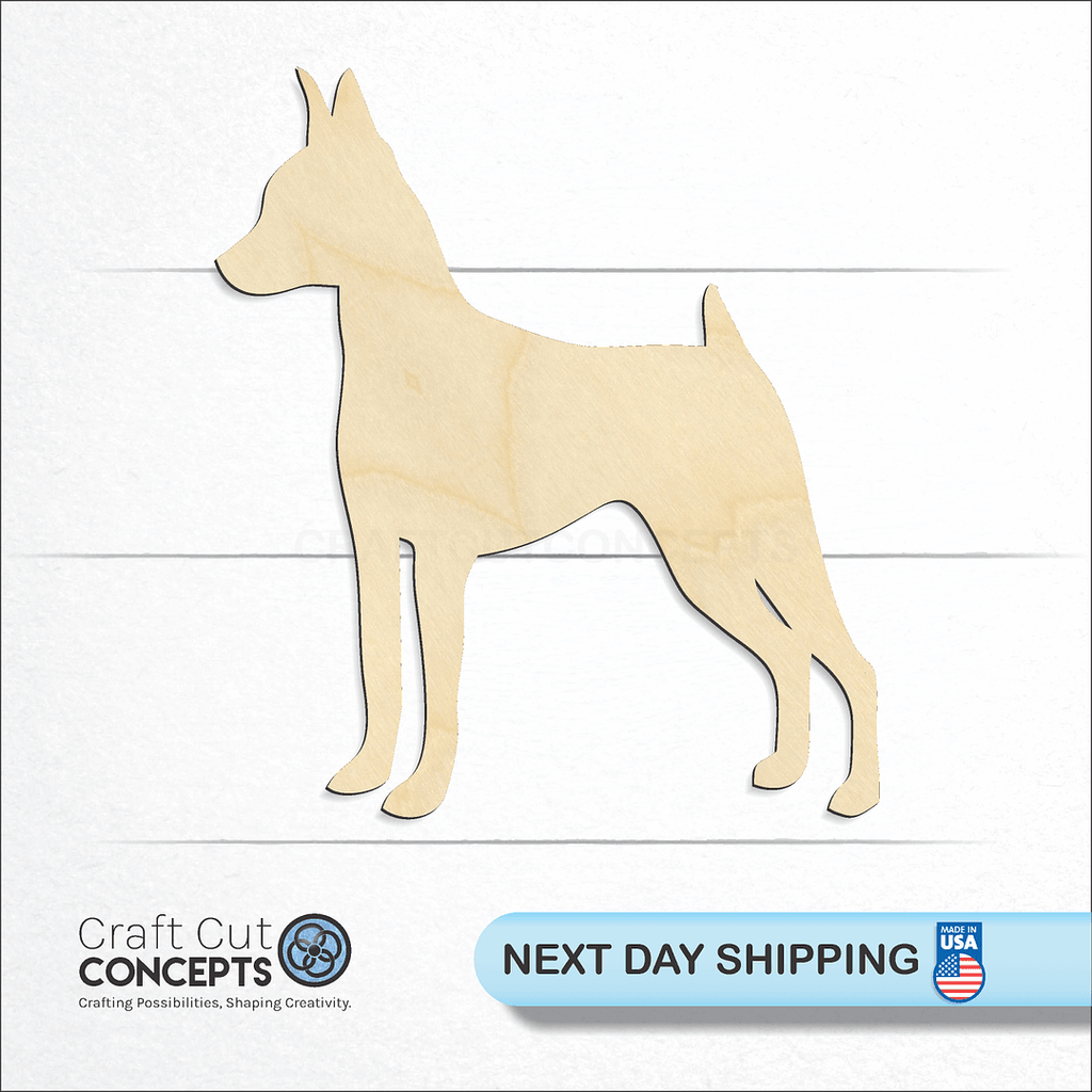 Craft Cut Concepts logo and next day shipping banner with an unfinished wood Miniature Pinscher craft shape and blank