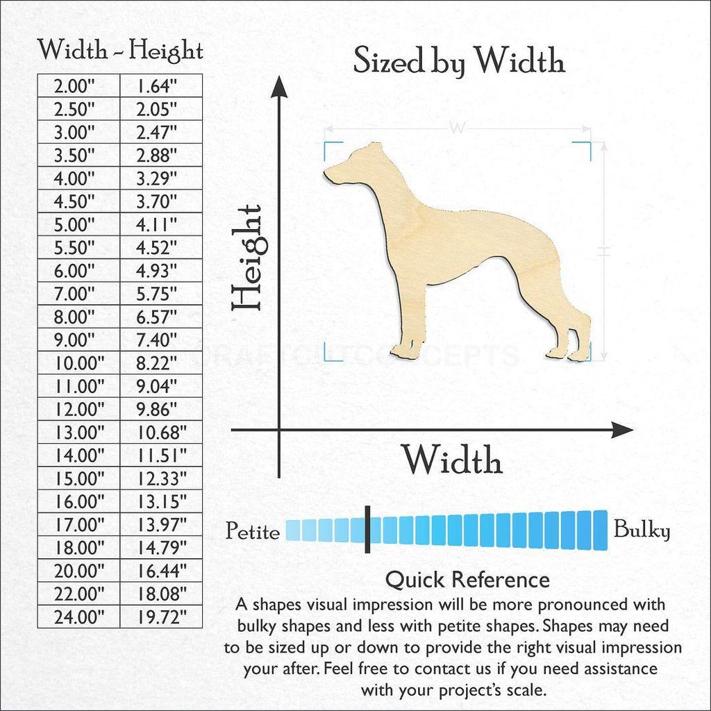 Sizes available for a laser cut Whippet craft blank