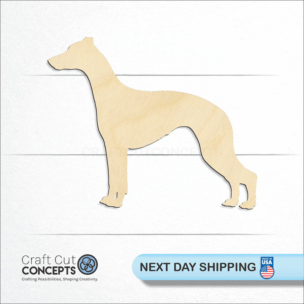 Craft Cut Concepts logo and next day shipping banner with an unfinished wood Whippet craft shape and blank