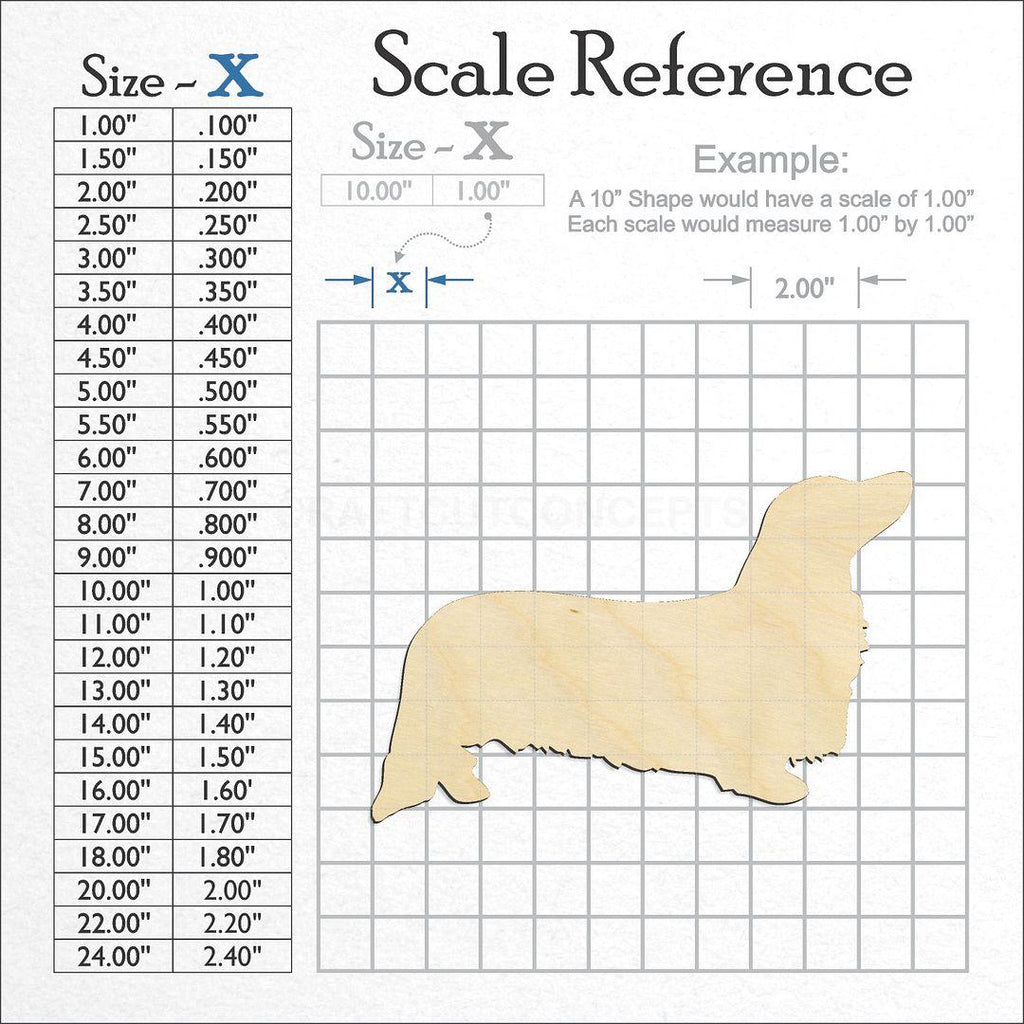 A scale and graph image showing a wood Long Hair Dachshund craft blank