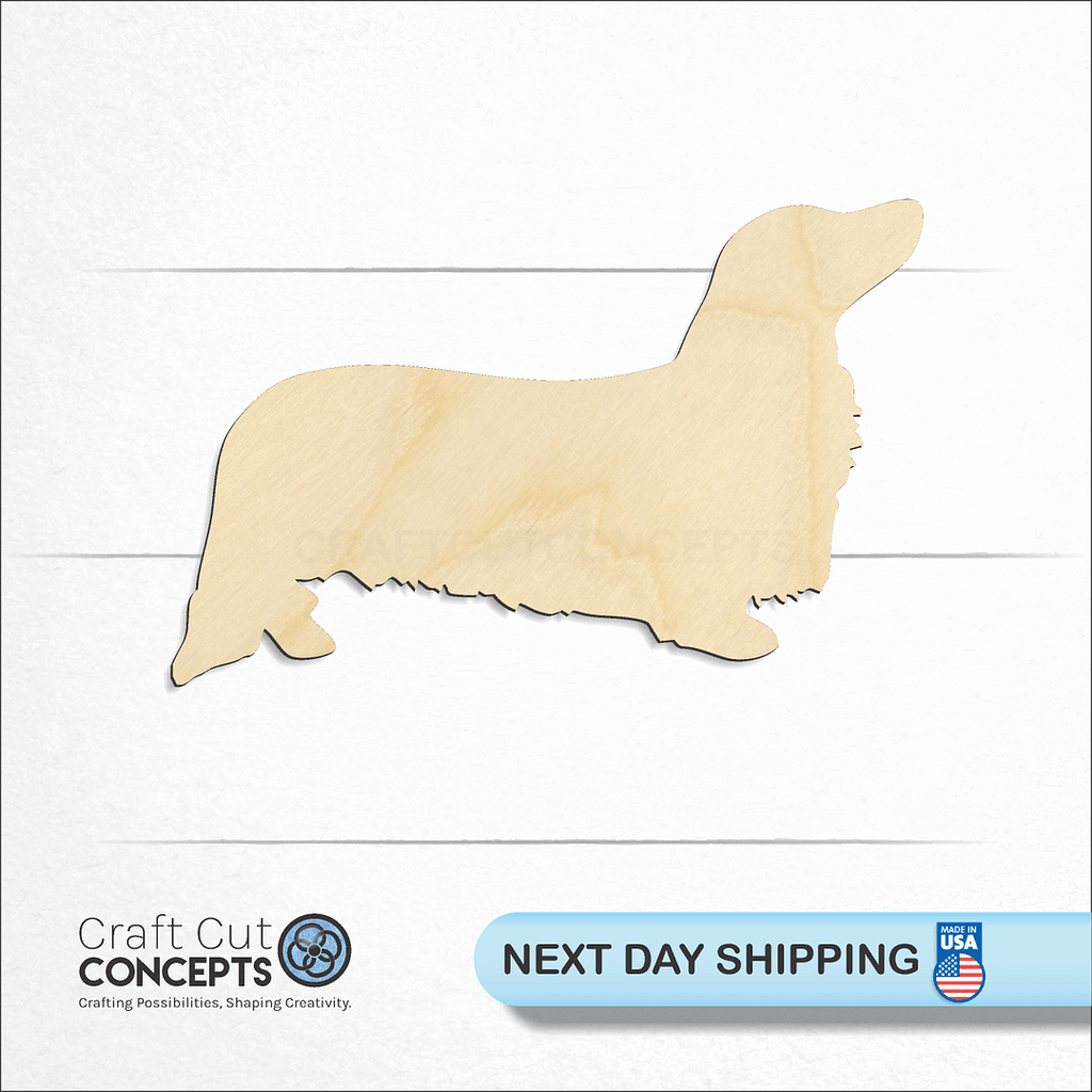 Craft Cut Concepts logo and next day shipping banner with an unfinished wood Long Hair Dachshund craft shape and blank