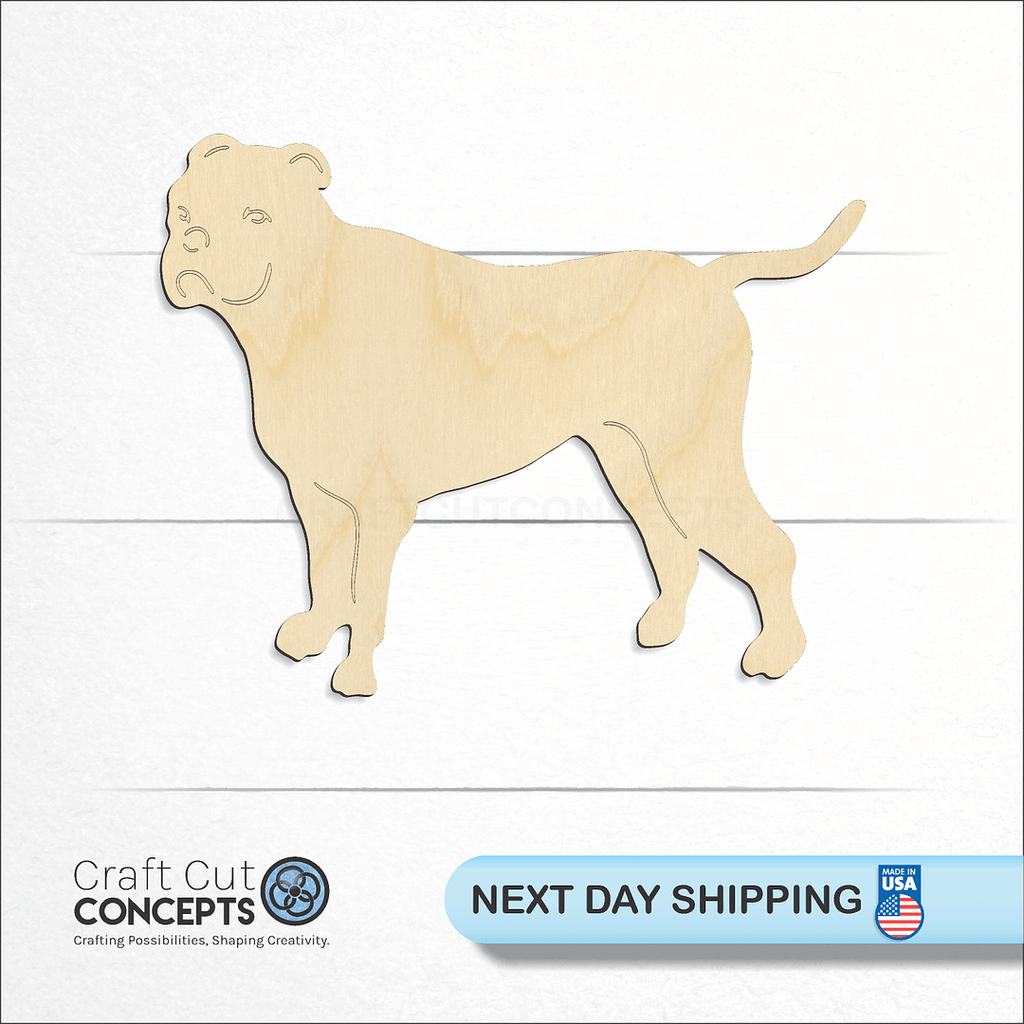 Craft Cut Concepts logo and next day shipping banner with an unfinished wood Dog - Bull Dog craft shape and blank