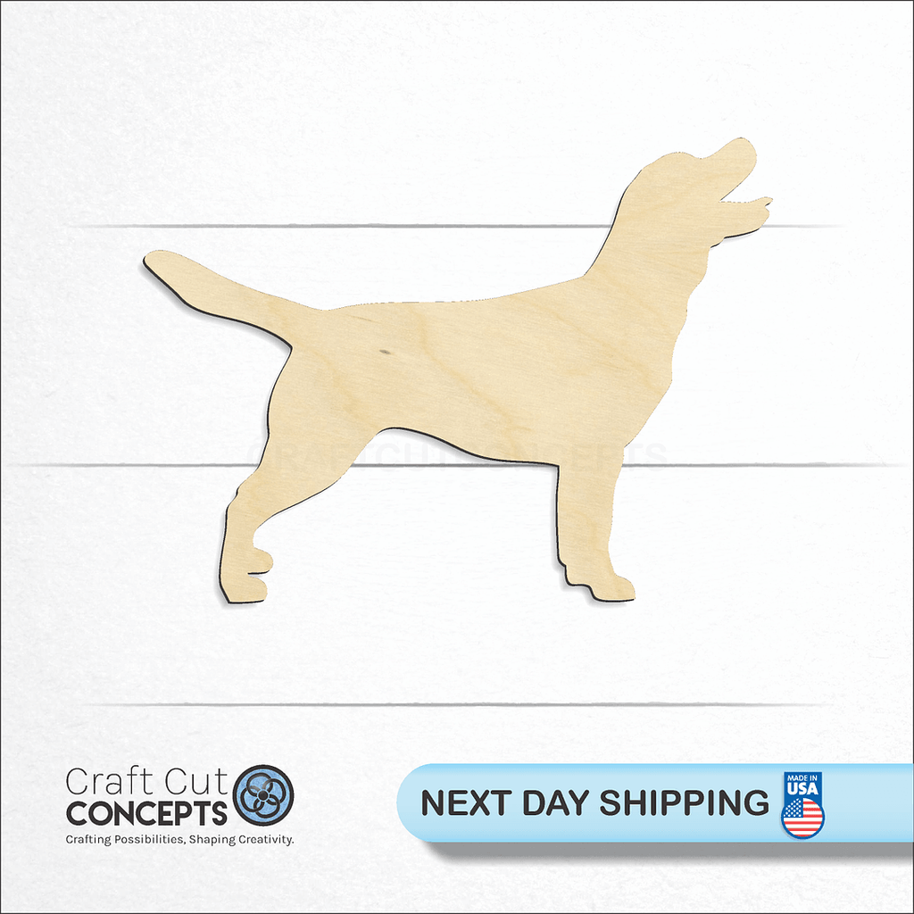 Craft Cut Concepts logo and next day shipping banner with an unfinished wood Retriever craft shape and blank