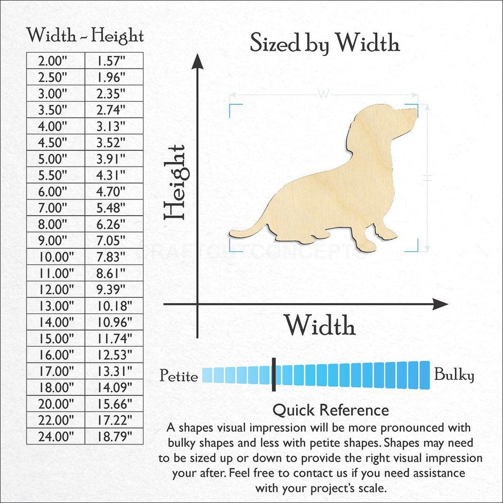 Sizes available for a laser cut Dachshund craft blank