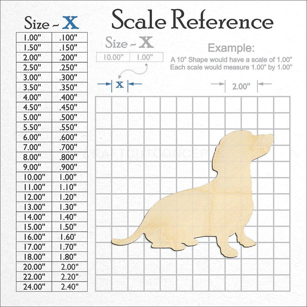 A scale and graph image showing a wood Dachshund craft blank