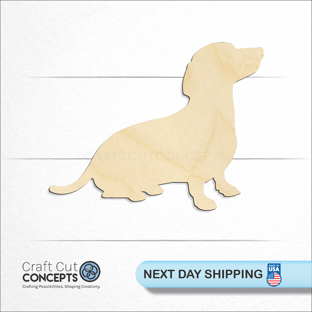 Craft Cut Concepts logo and next day shipping banner with an unfinished wood Dachshund craft shape and blank