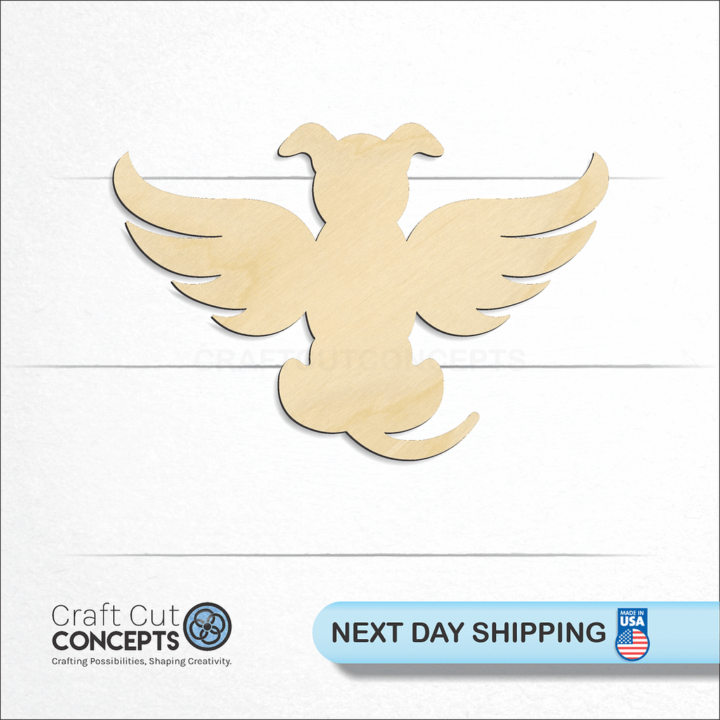 Craft Cut Concepts logo and next day shipping banner with an unfinished wood Angel Dog craft shape and blank