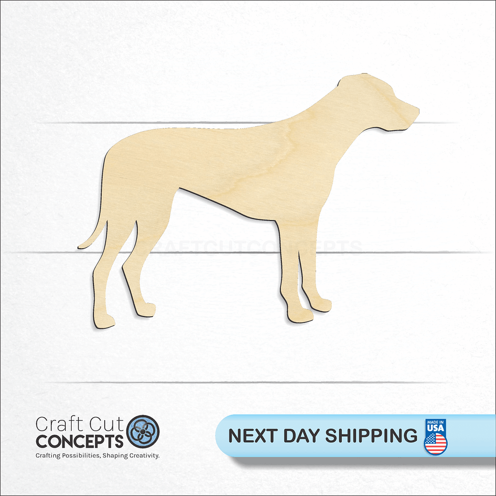 Craft Cut Concepts logo and next day shipping banner with an unfinished wood Rhodesian ridgeback craft shape and blank