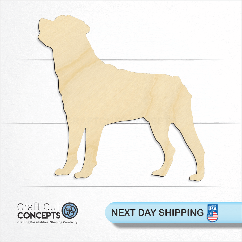 Craft Cut Concepts logo and next day shipping banner with an unfinished wood Rottweiler craft shape and blank