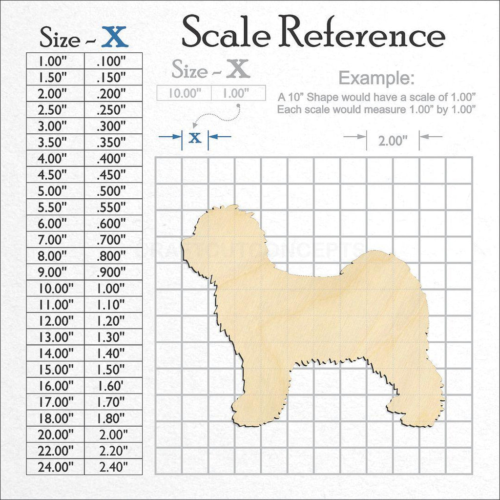 A scale and graph image showing a wood Tibetian Terrier craft blank