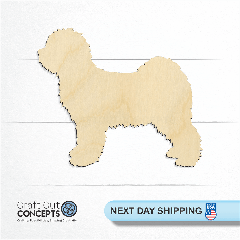 Craft Cut Concepts logo and next day shipping banner with an unfinished wood Tibetian Terrier craft shape and blank