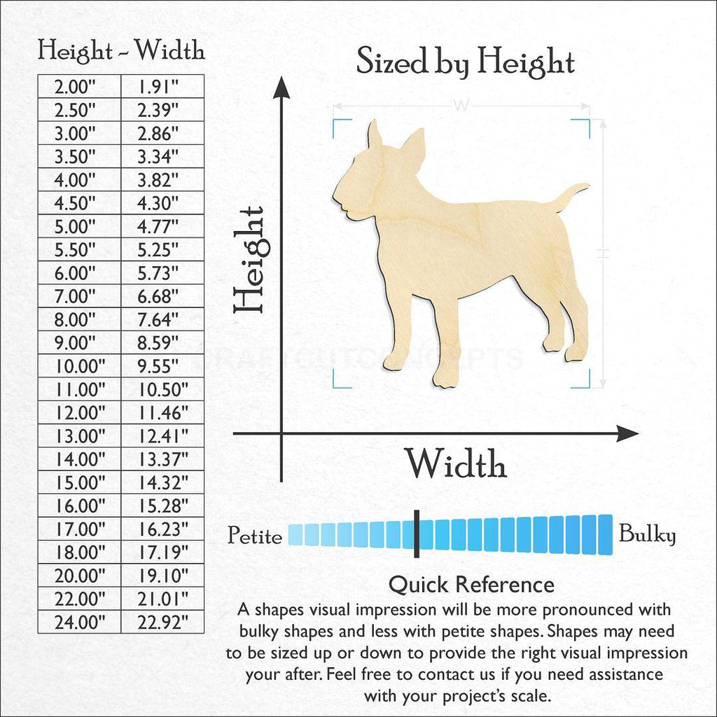 Sizes available for a laser cut Dog - Bull Terrier craft blank