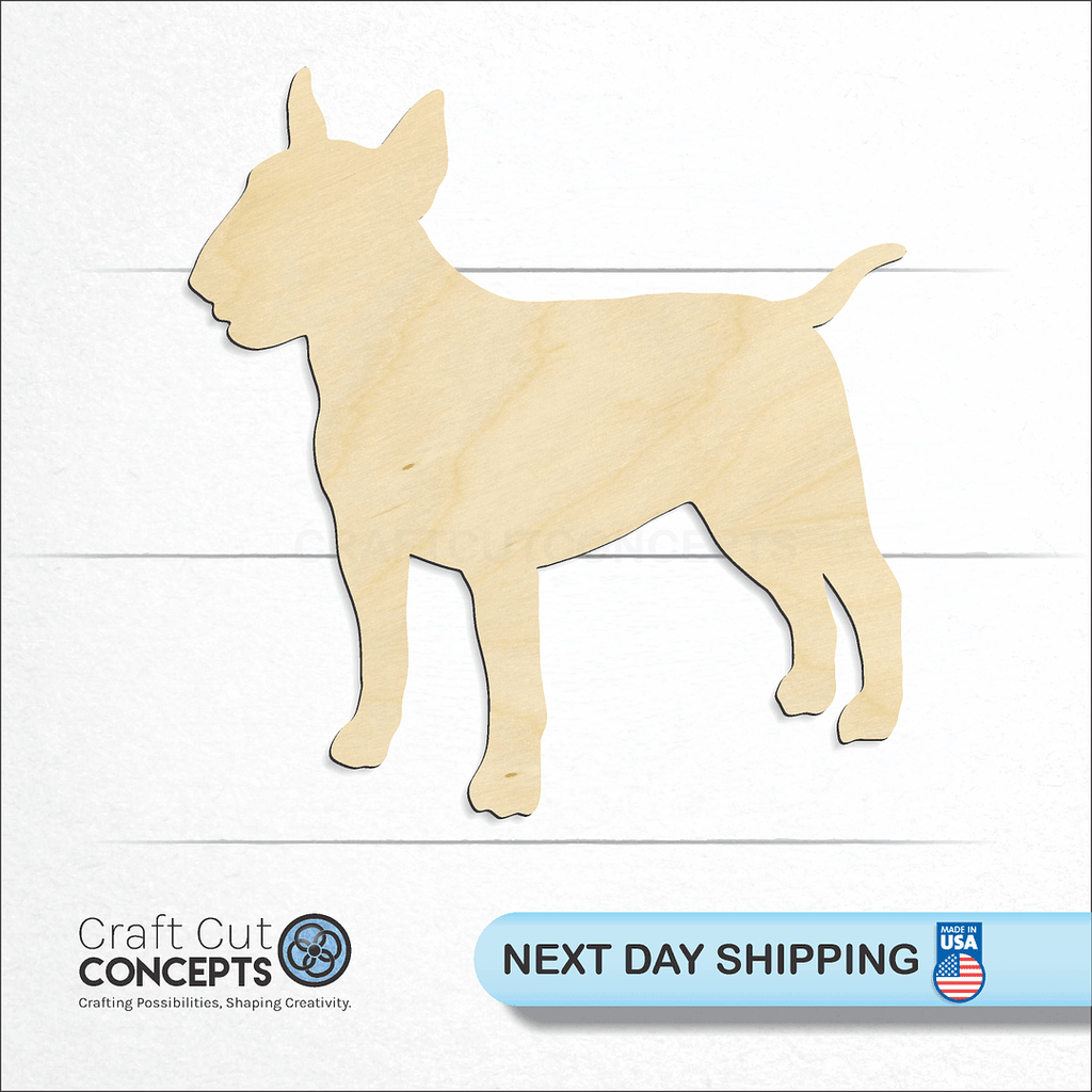 Craft Cut Concepts logo and next day shipping banner with an unfinished wood Dog - Bull Terrier craft shape and blank