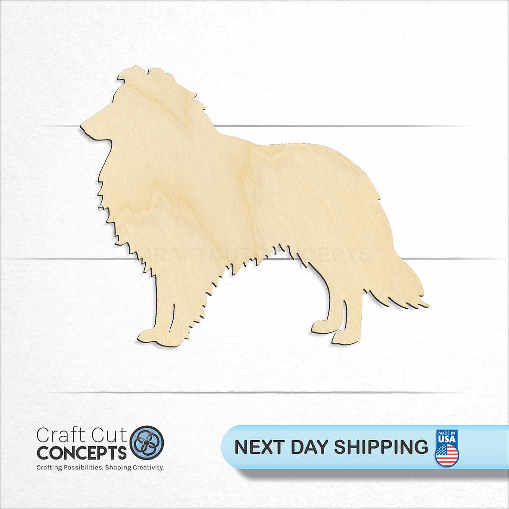 Craft Cut Concepts logo and next day shipping banner with an unfinished wood Border Collie craft shape and blank