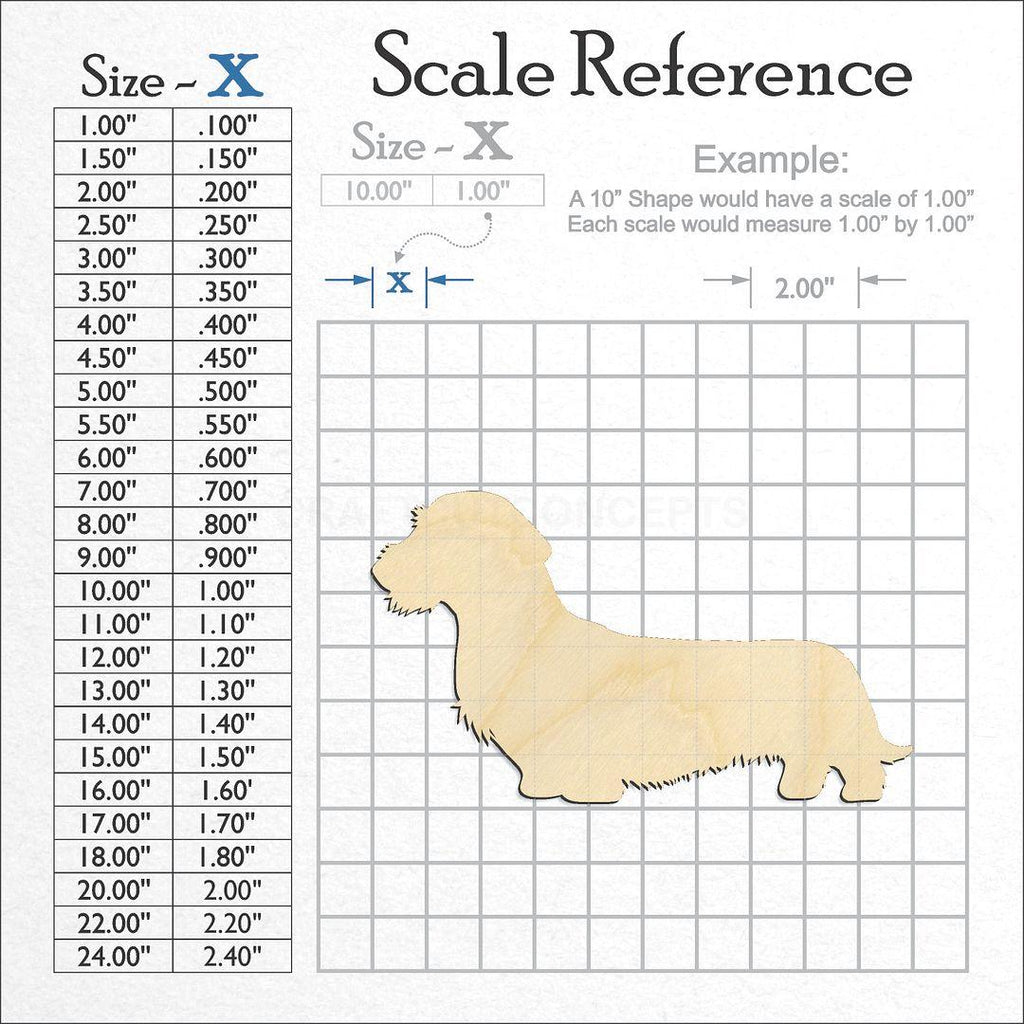 A scale and graph image showing a wood Wire hair Dachshund craft blank