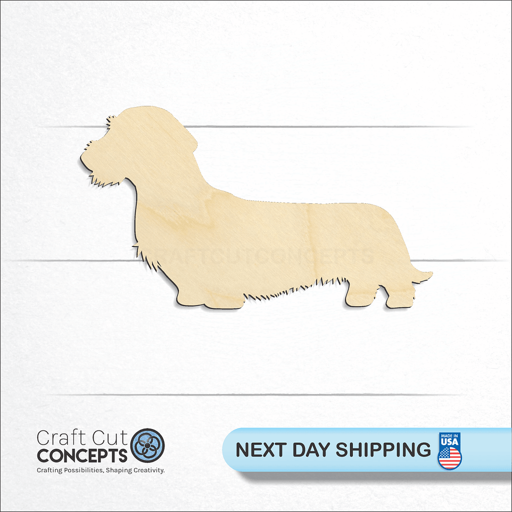 Craft Cut Concepts logo and next day shipping banner with an unfinished wood Wire hair Dachshund craft shape and blank