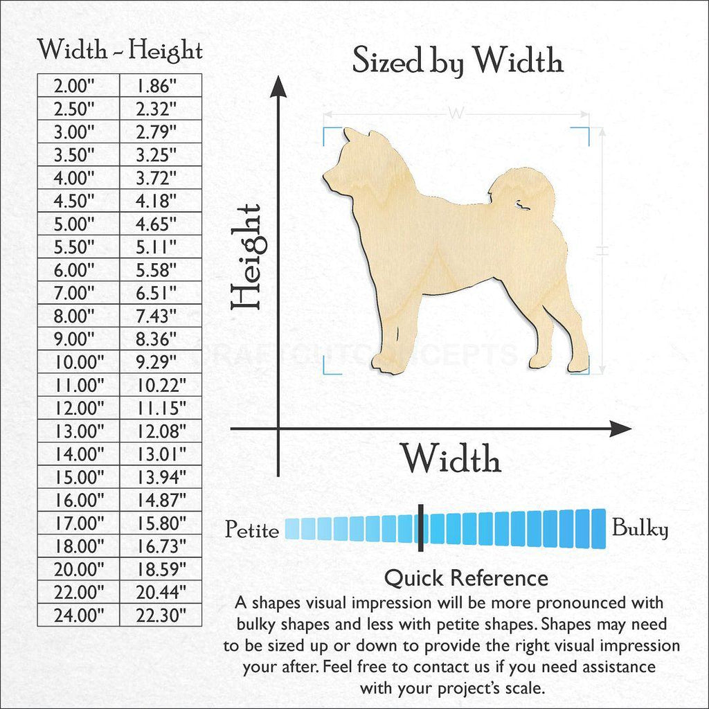 Sizes available for a laser cut Akita craft blank