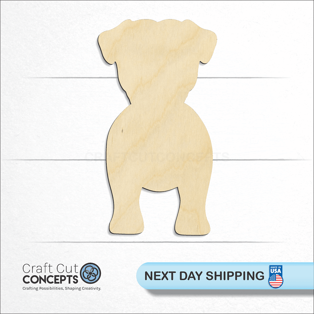 Craft Cut Concepts logo and next day shipping banner with an unfinished wood Pug Back Dog craft shape and blank