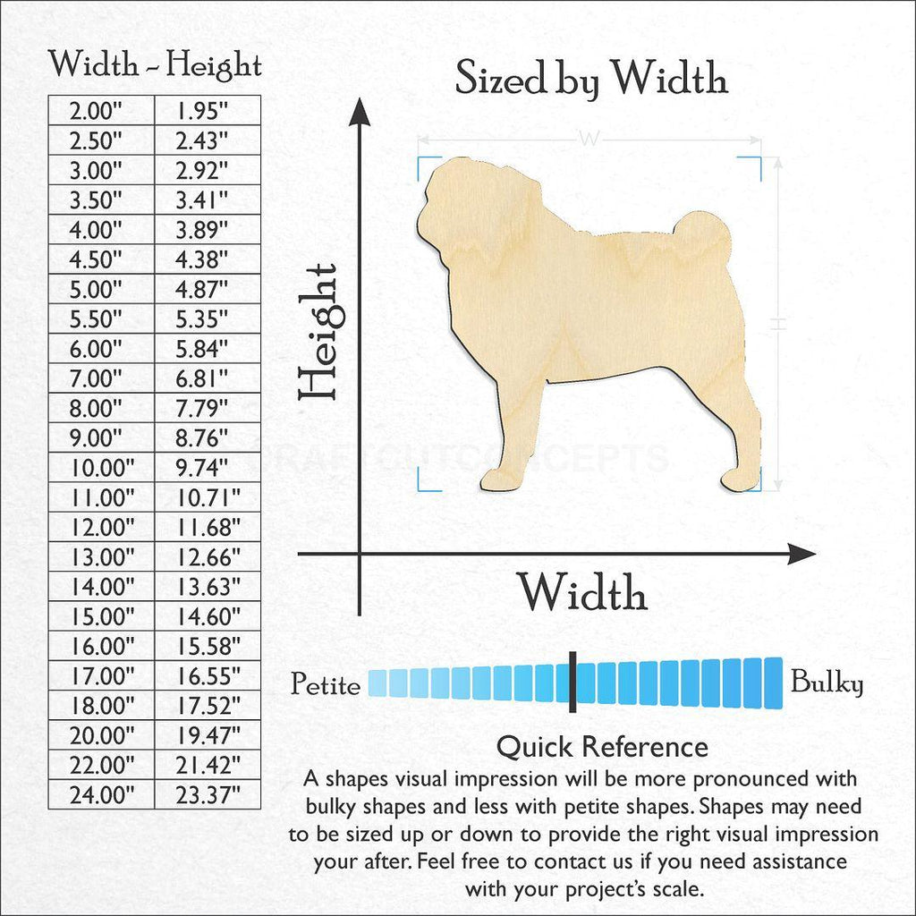 Sizes available for a laser cut Pug craft blank