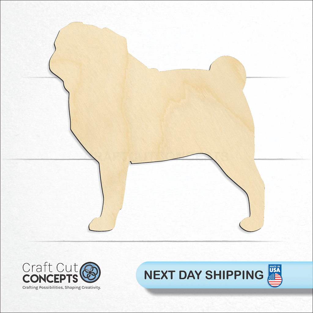 Craft Cut Concepts logo and next day shipping banner with an unfinished wood Pug craft shape and blank