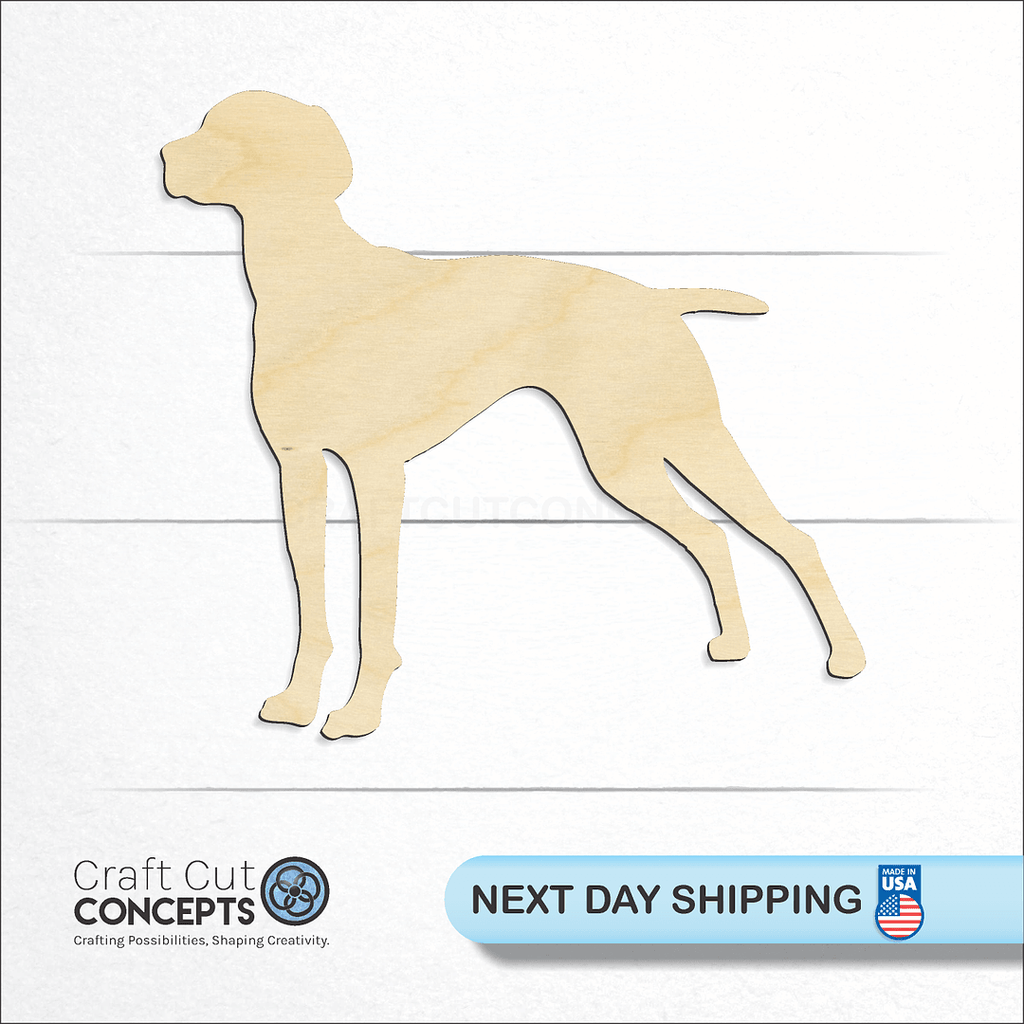 Craft Cut Concepts logo and next day shipping banner with an unfinished wood Weimaraner craft shape and blank