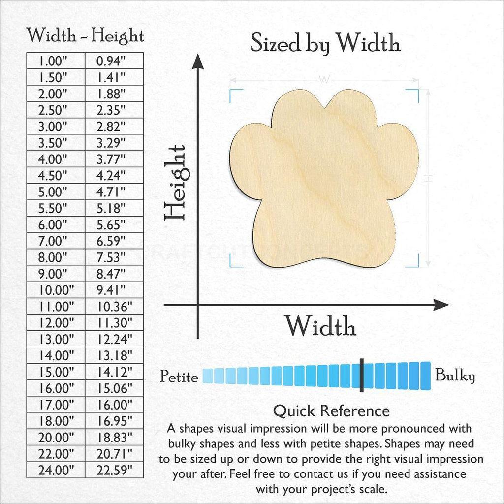 Sizes available for a laser cut Paw Print craft blank