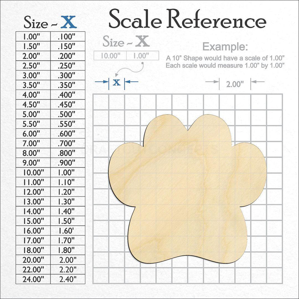 A scale and graph image showing a wood Paw Print craft blank