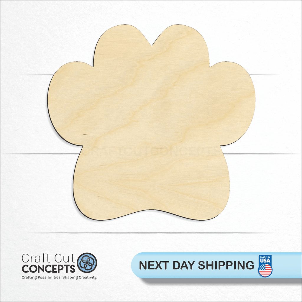 Craft Cut Concepts logo and next day shipping banner with an unfinished wood Paw Print craft shape and blank