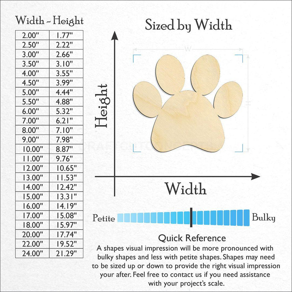 Sizes available for a laser cut Paw Print craft blank