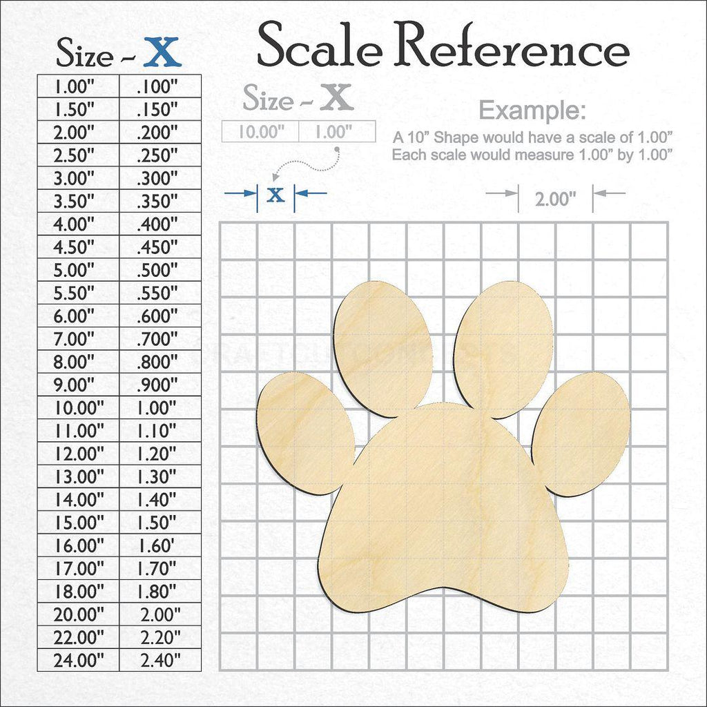 A scale and graph image showing a wood Paw Print craft blank