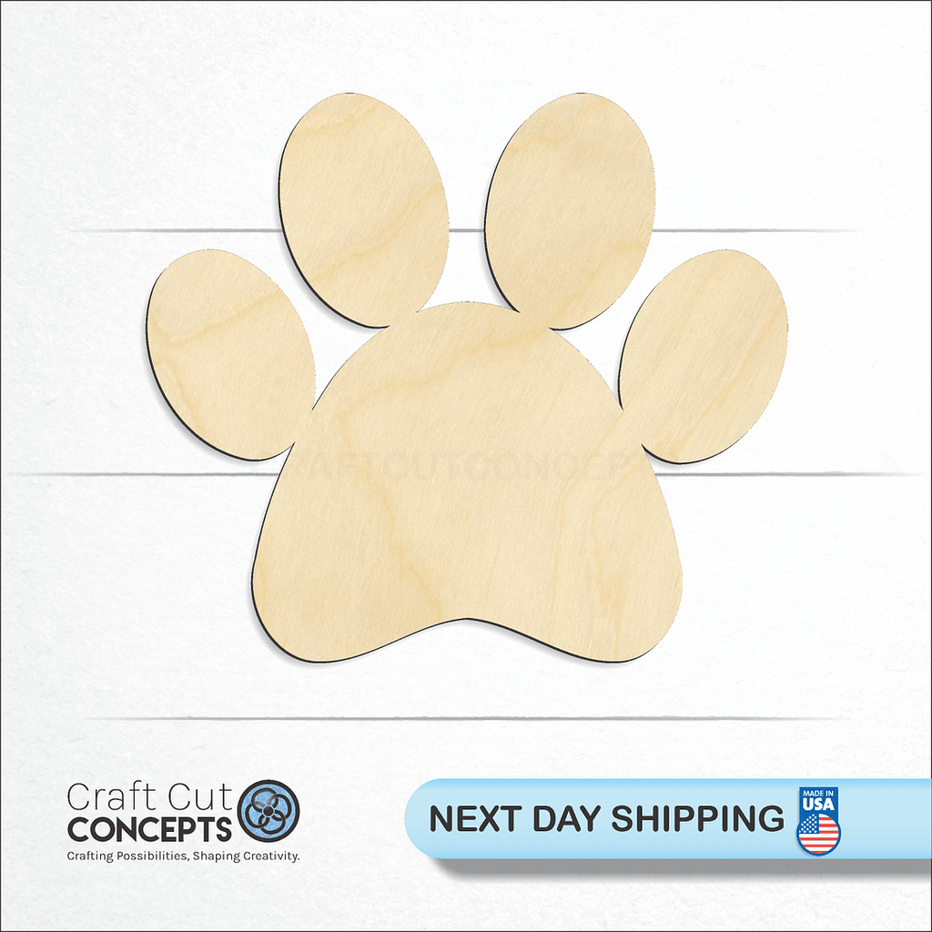 Craft Cut Concepts logo and next day shipping banner with an unfinished wood Paw Print craft shape and blank