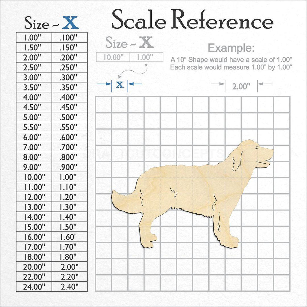 A scale and graph image showing a wood Golden Retriever craft blank