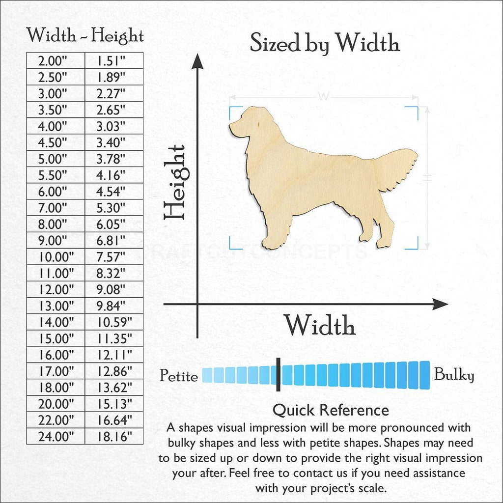 Sizes available for a laser cut Golden Retriever-3 craft blank